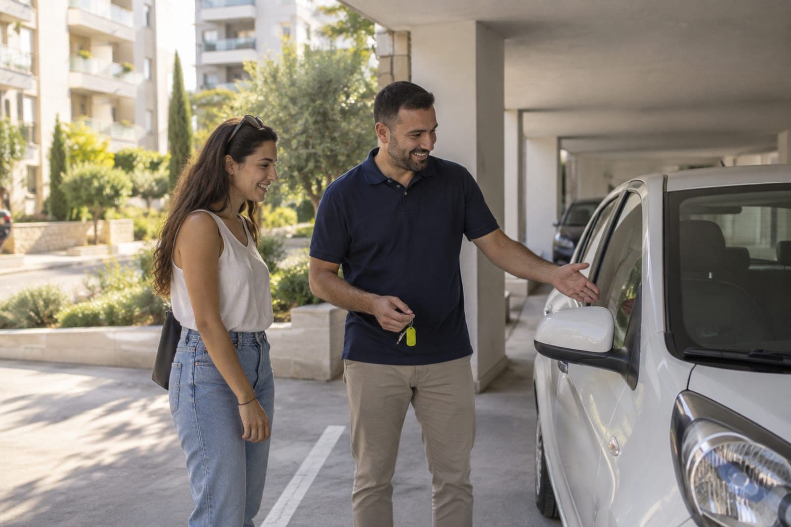 חניון מקורה בשכונה חדשה באור יהודה, נציג ומוכרת ליד רכב לבן קטן