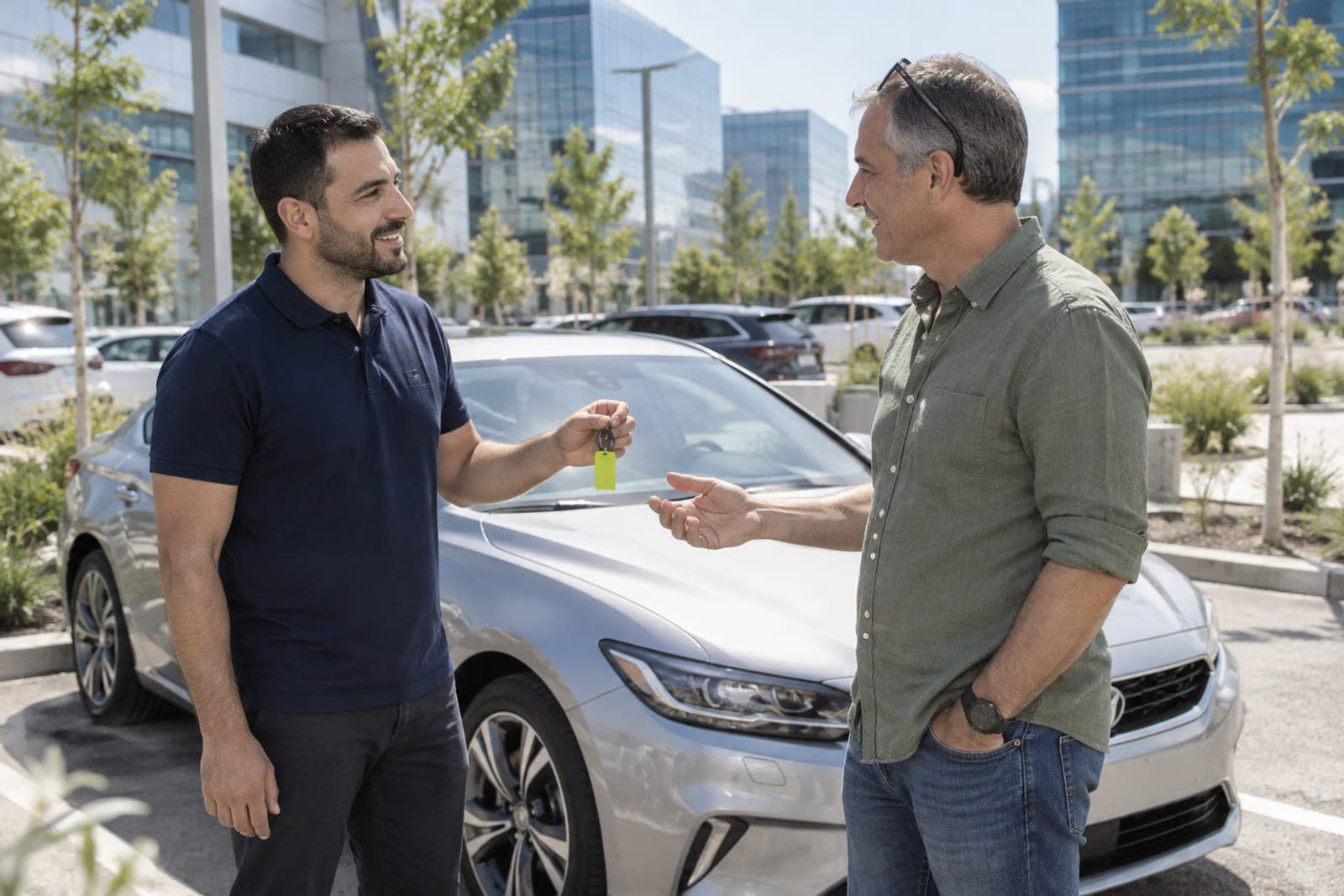 פגישה בחניון של מתחם משרדים בפתח תקווה ליד רכב כסוף