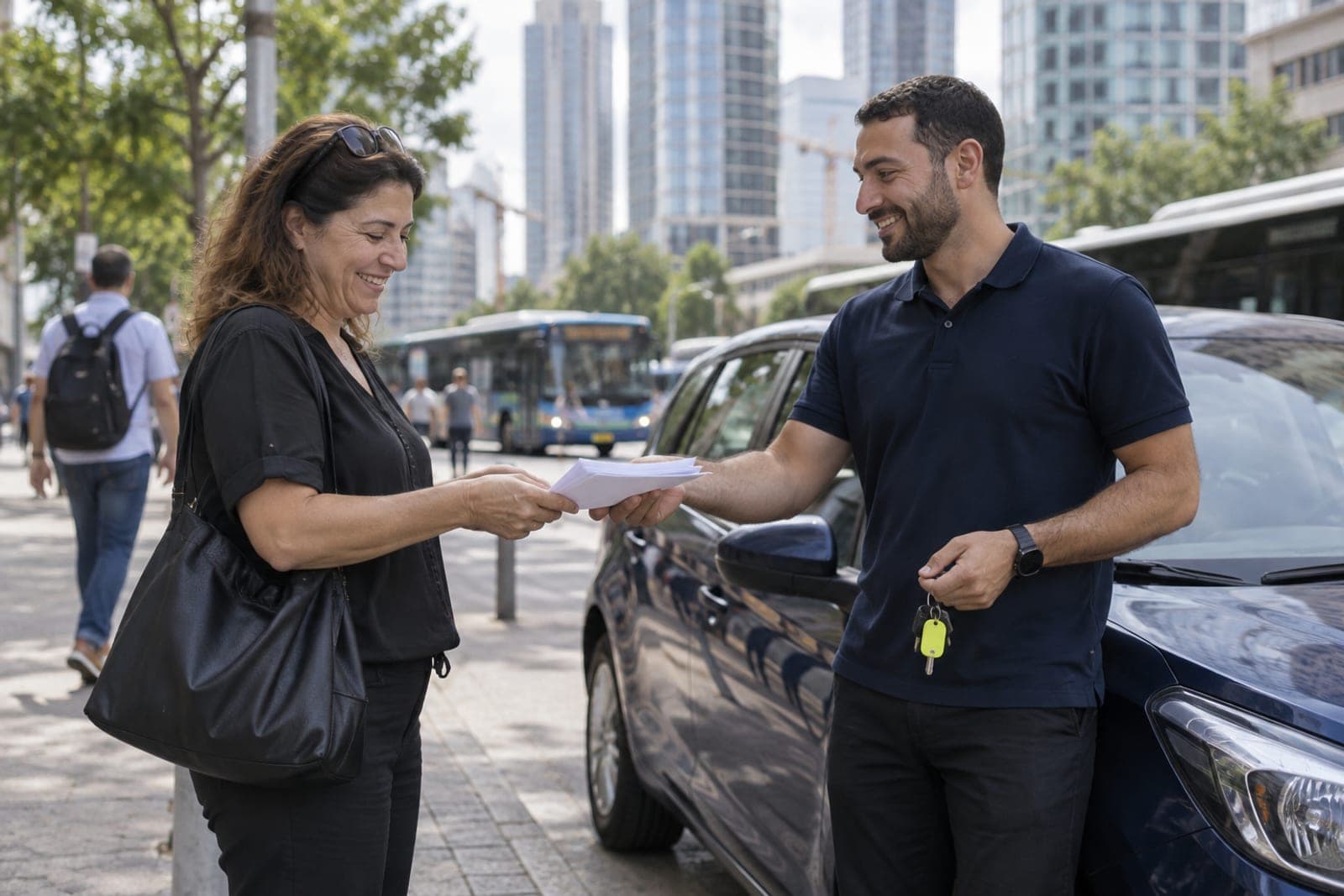 מסירת מסמכים ליד רכב כחול ברחוב עם מגדלי משרדים ברמת גן