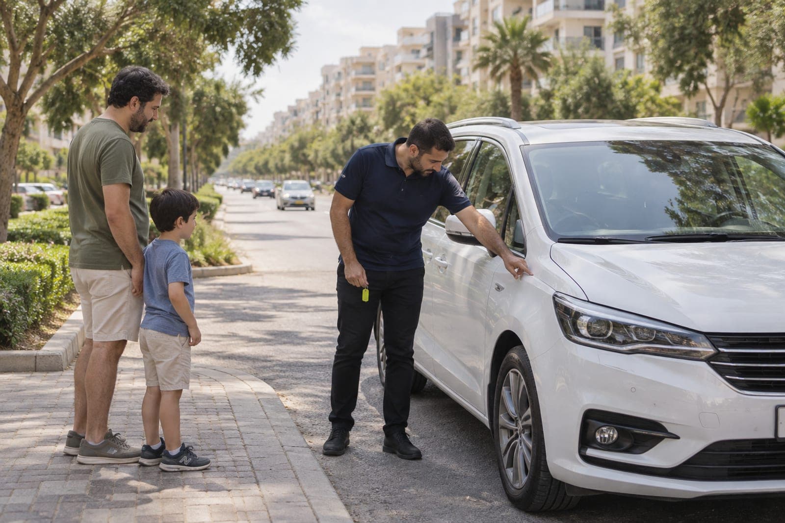 נציג בודק רכב משפחתי לבן בשדרה עם עצים בראשון לציון