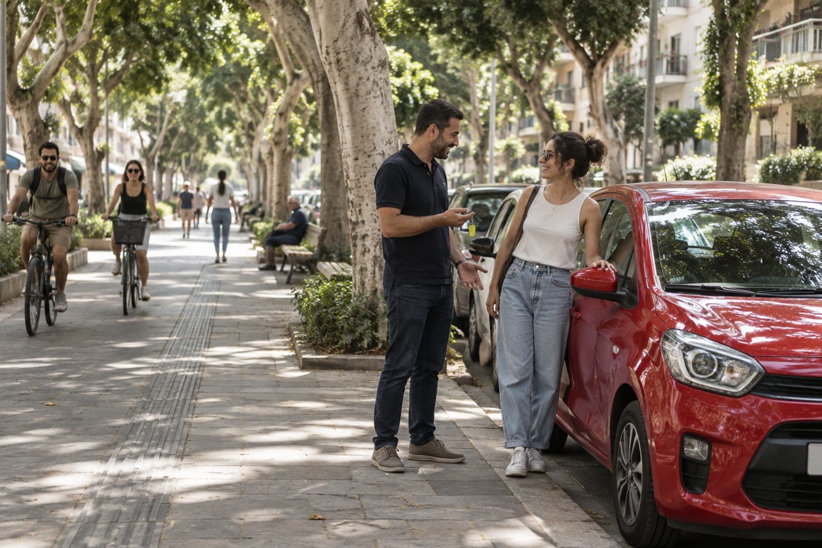 רחוב שדרה מוצל בתל אביב, נציג ומוכרת ליד רכב עירוני אדום