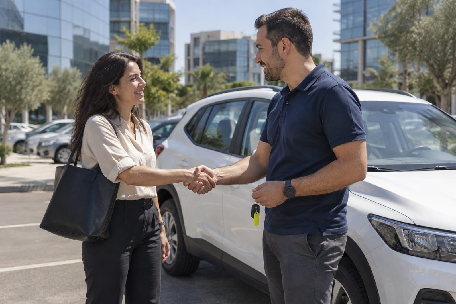 לחיצת יד בין נציג למוכרת ליד רכב פנאי לבן בחניון של פארק משרדים