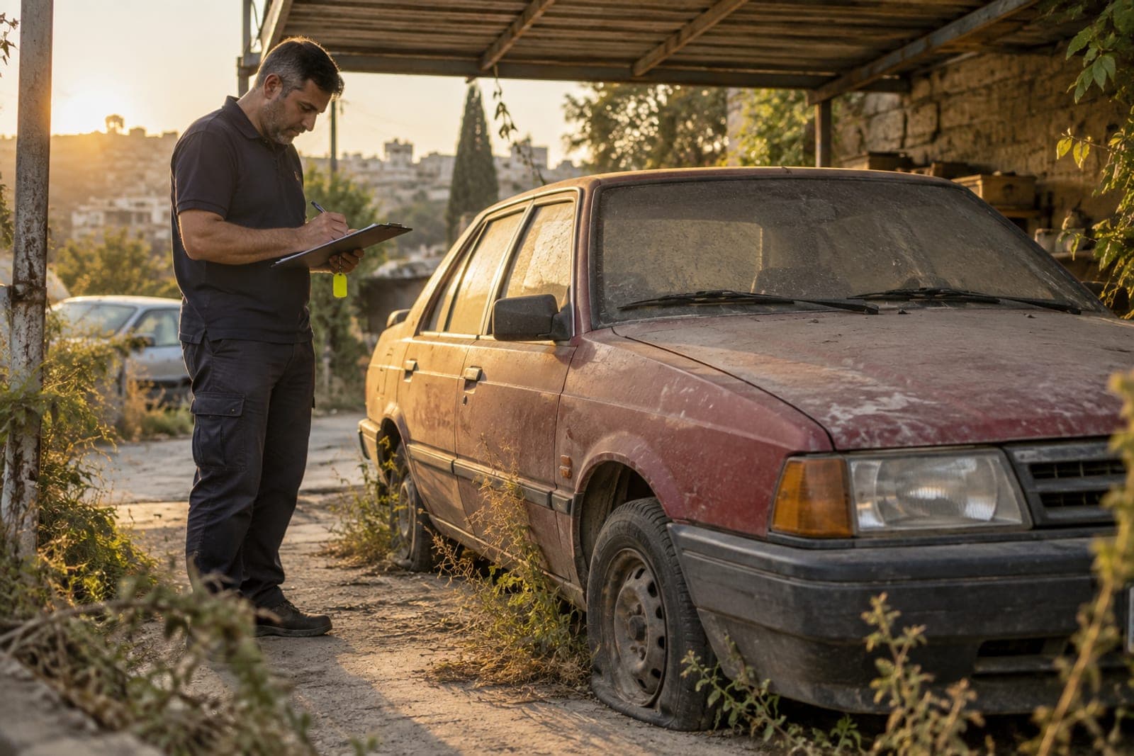 רכב ישן אדום עם צמיג ריק תחת סככה, נציג רושם בלוח כתיבה