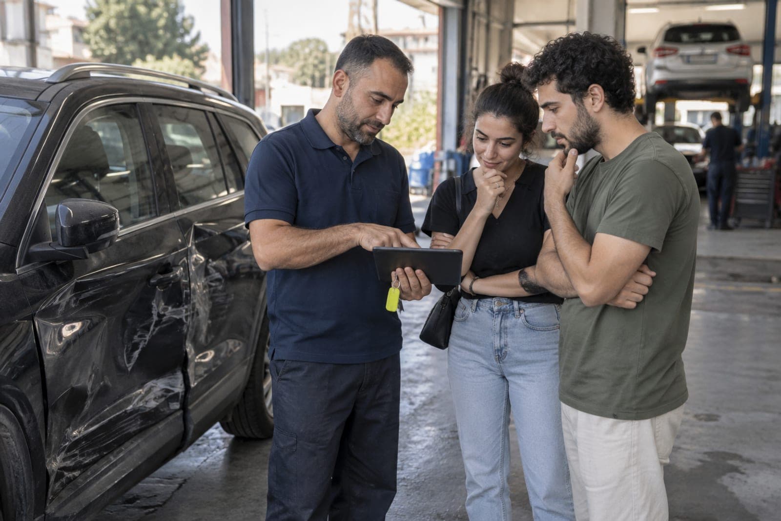 זוג צעיר ונציג מסתכלים בטאבלט ליד רכב עם נזק צד במגרש של מוסך