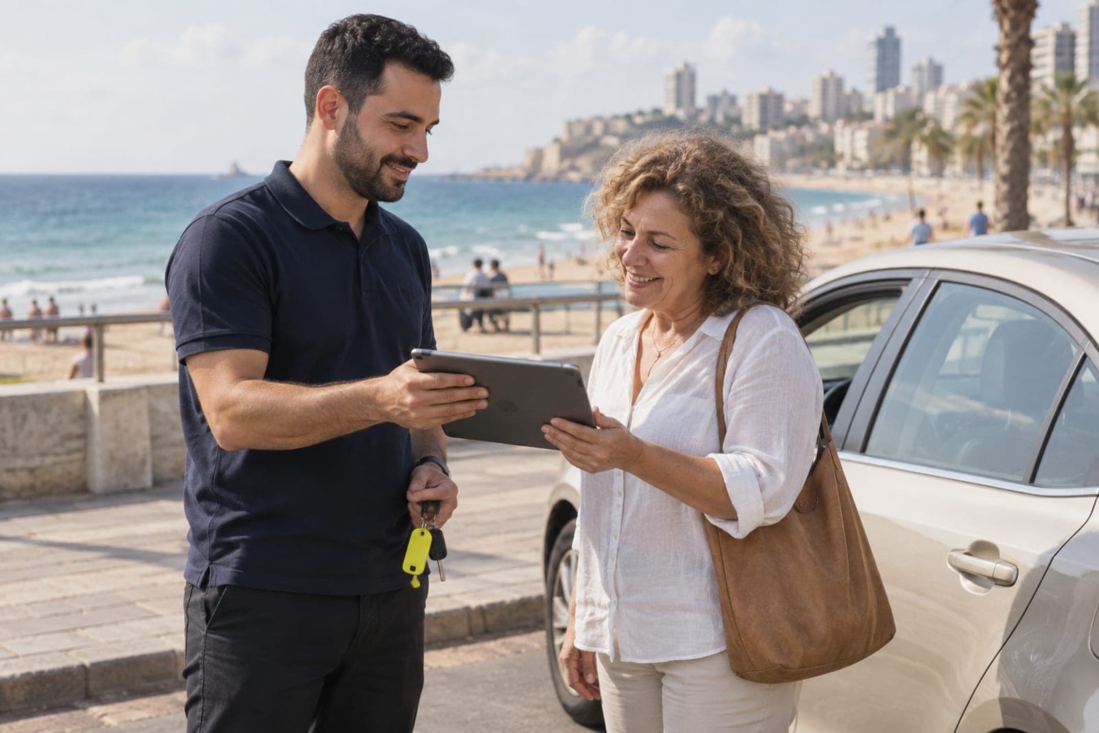 טיילת חוף בבת ים, נציג ומוכרת ליד רכב בז' עם הים ברקע