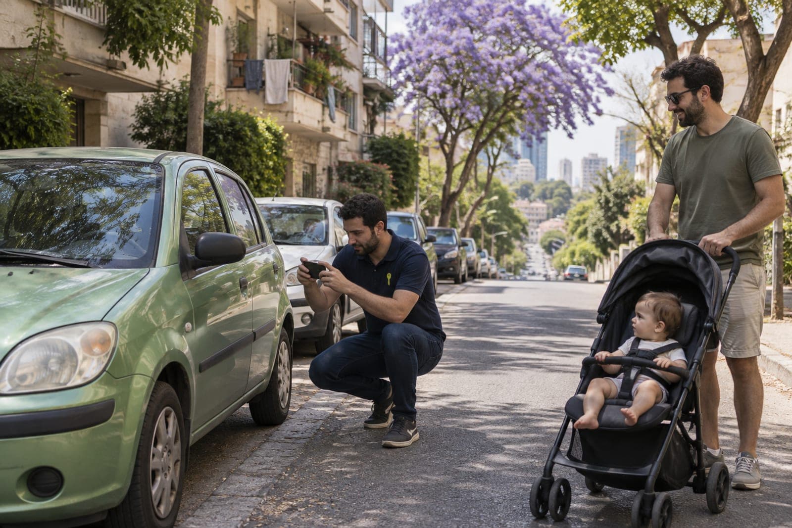 רחוב תלול ומוצל בגבעתיים, נציג מצלם רכב ירוק קטן